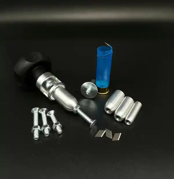 GAEP hull and case trimmer kit with cutting tool, adapters, blades, bolts, and a blue shotshell